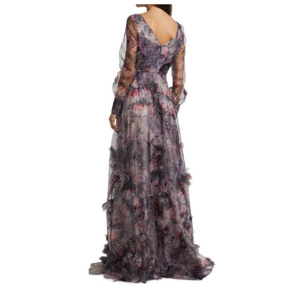 Marchesa Gown 3D Floral Purple Black Printed Organza Foiled Long Sleeve Sz 6 - Picture 4 of 13
